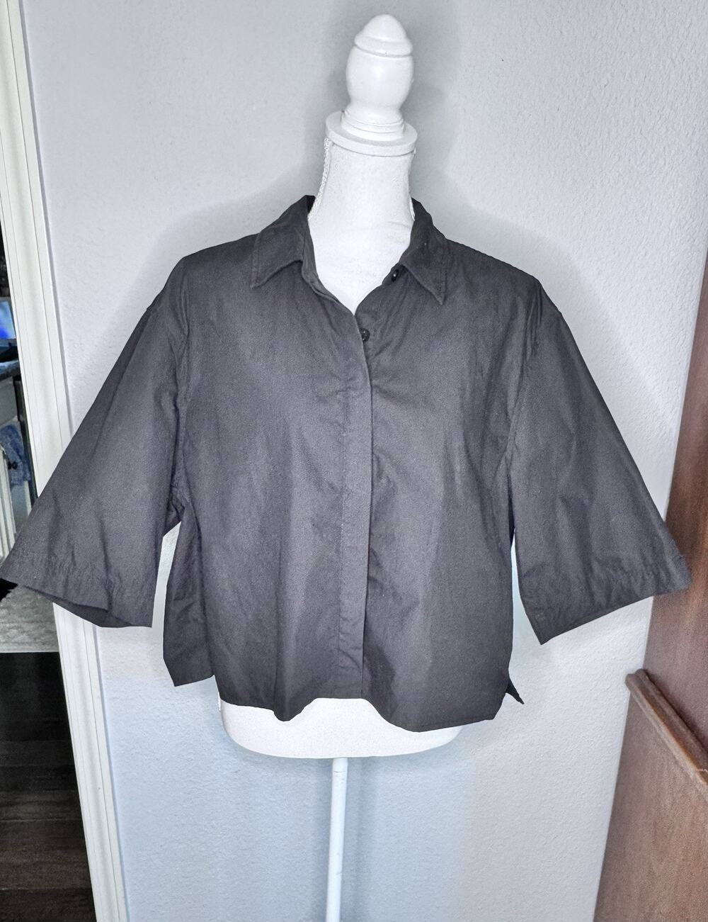 Clyque Black Blouse SZ L 100% Cotton Button Up 3/4 Sleeve Box Shirt Top Classic